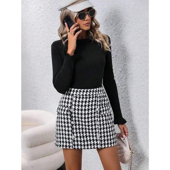 2piece set:  long Sleeve Tee & Houndstooth Print Skirt - Picture 3 of 6